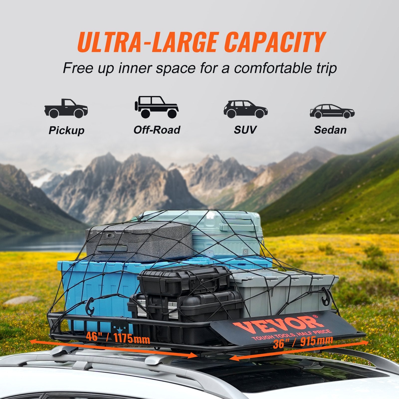 Roof Rack Cargo Basket 200 LBS Capacity 46"x36"x4.5" for SUV Truck Cars V952-CDXLJJ2463645I36LV0