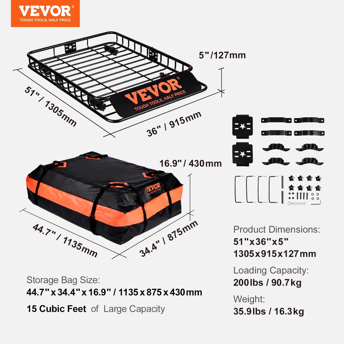 Roof Rack Cargo Basket 200 LBS 51"x36"x5" for SUV Truck with Luggage Bag V952-CDXLJJY251365ROA4V0