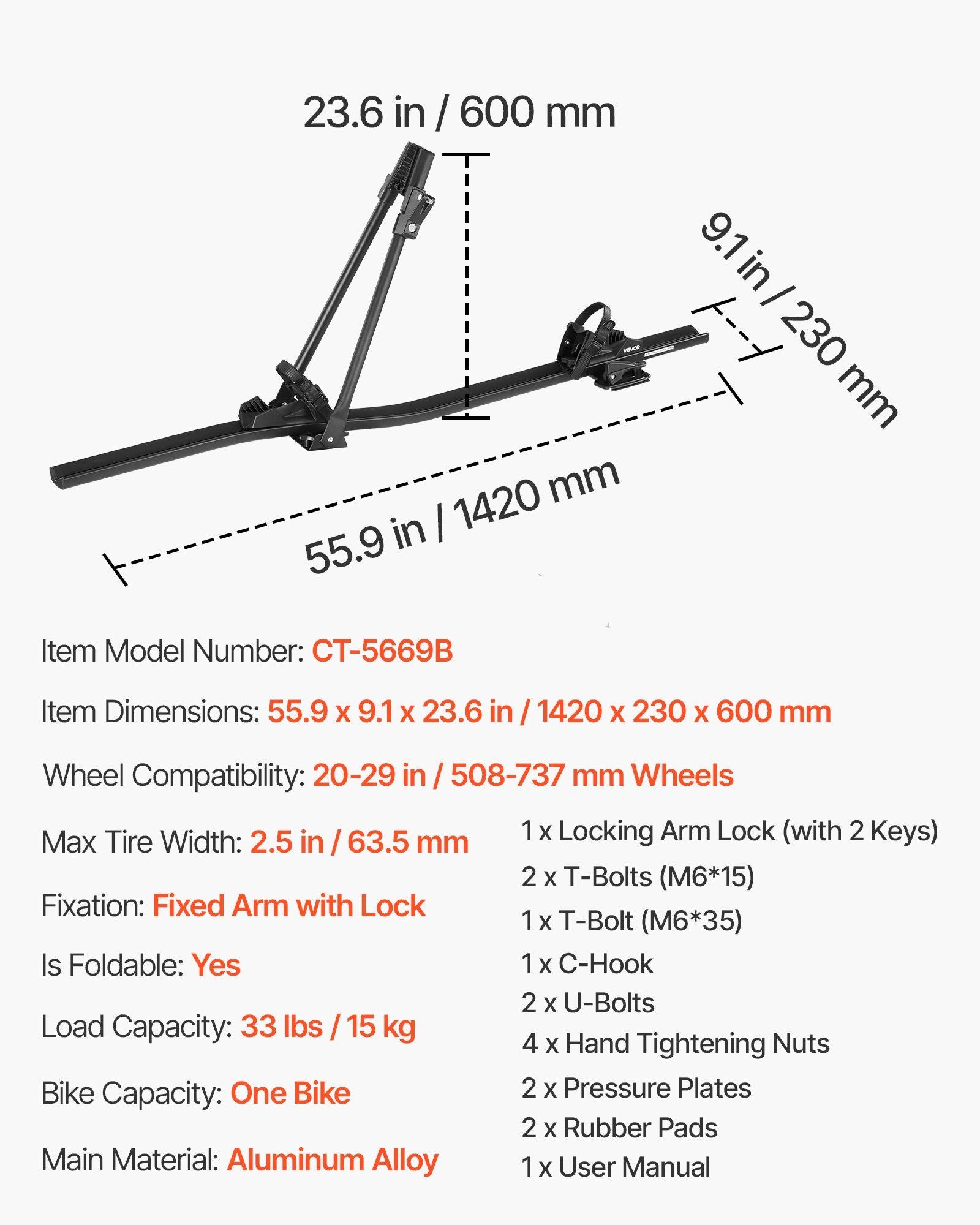 Roof Bike Rack, 15 kg Capacity, Upright Roof Mount Bicycle Rack with Secure Locking System for Most Standard V952-CDZXCJZLFZDC0GA9H001V0