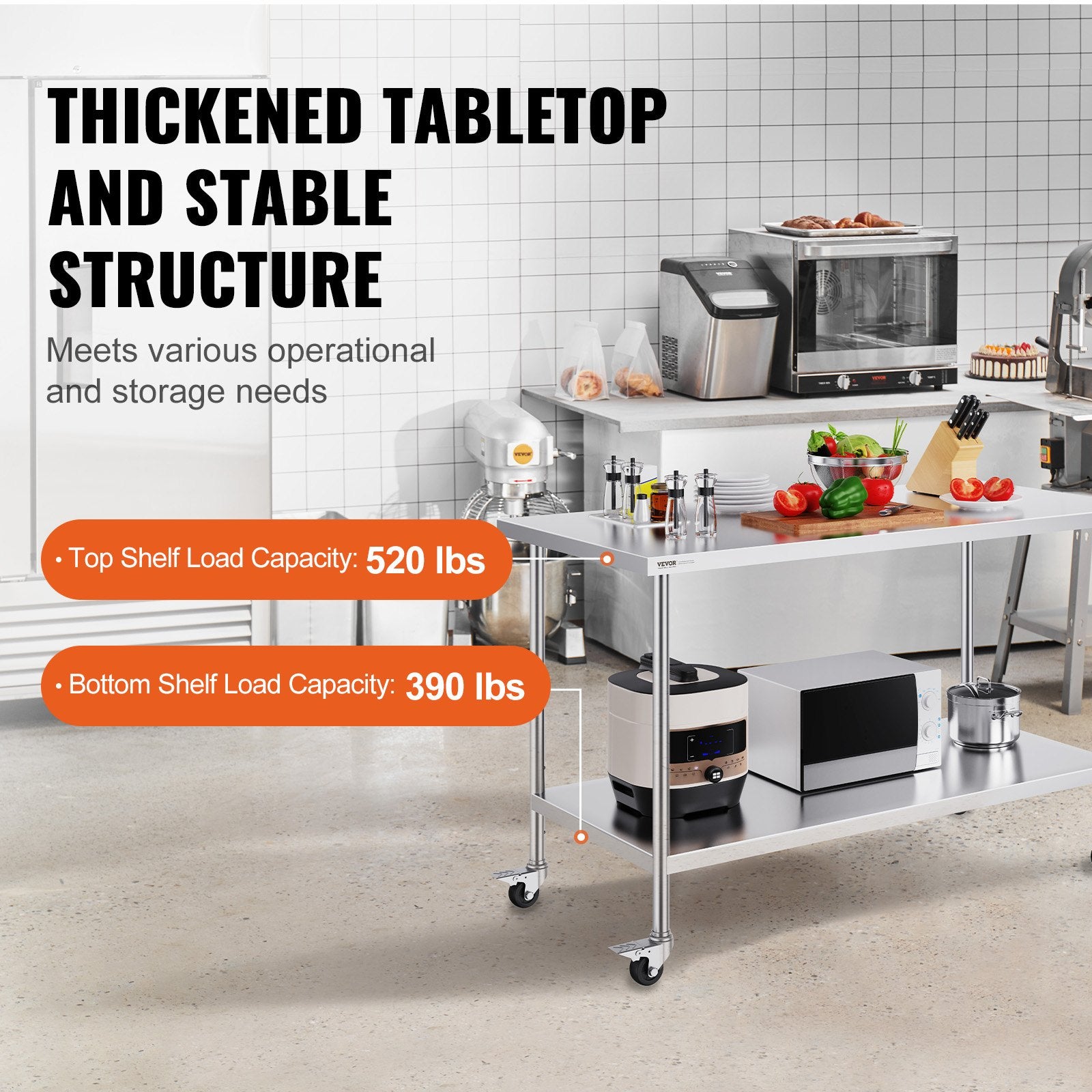 Stainless Steel Work Table 30 x 60 x 38 Inch, with 4 Wheels, 3 Adjustable Height Levels, Heavy Duty Food Prep V952-CFBXGGZTLCDJ1CSD7V0