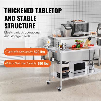 Stainless Steel Work Table 30 x 60 x 38 Inch, with 4 Wheels, 3 Adjustable Height Levels, Heavy Duty Food Prep V952-CFBXGGZTLCDJ1CSD7V0