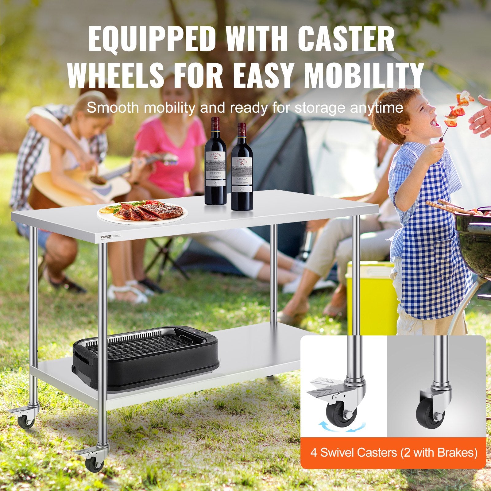 Stainless Steel Work Table 30 x 60 x 38 Inch, with 4 Wheels, 3 Adjustable Height Levels, Heavy Duty Food Prep V952-CFBXGGZTLCDJ1CSD7V0