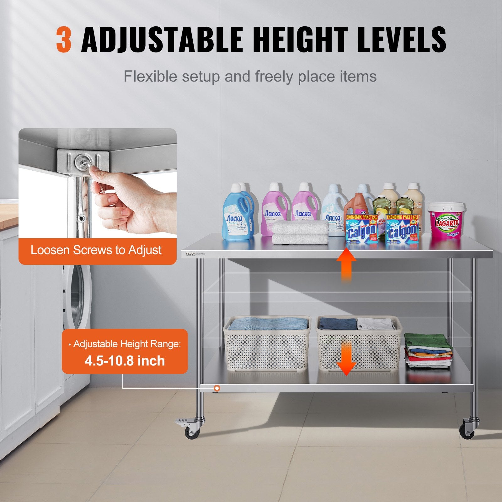 Stainless Steel Work Table 30 x 60 x 38 Inch, with 4 Wheels, 3 Adjustable Height Levels, Heavy Duty Food Prep V952-CFBXGGZTLCDJ1CSD7V0