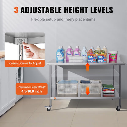 Stainless Steel Work Table 30 x 60 x 38 Inch, with 4 Wheels, 3 Adjustable Height Levels, Heavy Duty Food Prep V952-CFBXGGZTLCDJ1CSD7V0