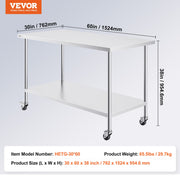 Stainless Steel Work Table 30 x 60 x 38 Inch, with 4 Wheels, 3 Adjustable Height Levels, Heavy Duty Food Prep V952-CFBXGGZTLCDJ1CSD7V0
