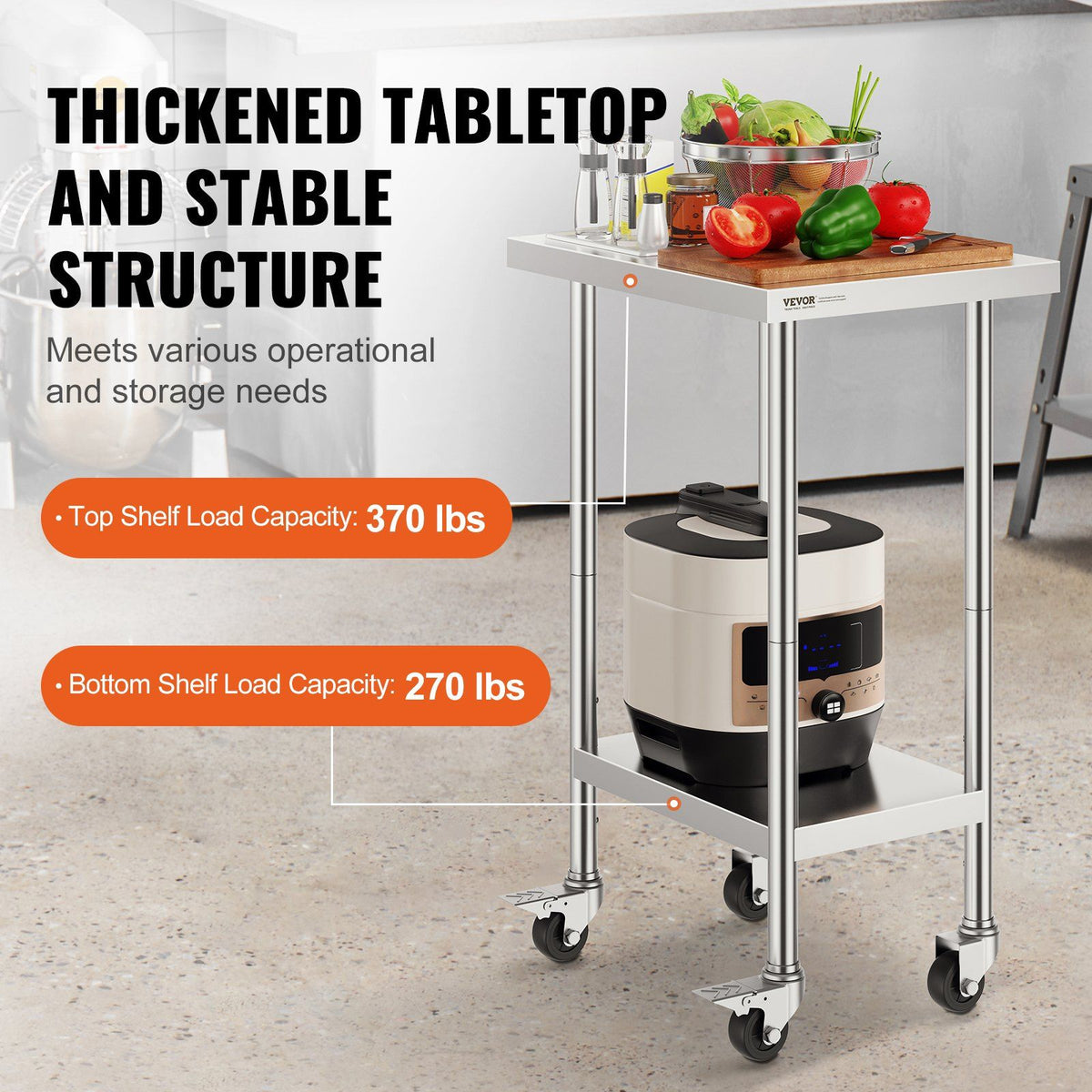 Stainless Steel Work Table 24 x 18 x 38 Inch, with 4 Wheels, 3 Adjustable Height Levels, Heavy Duty Food Prep V952-CFBXGGZTLCDJ3QDV2V0