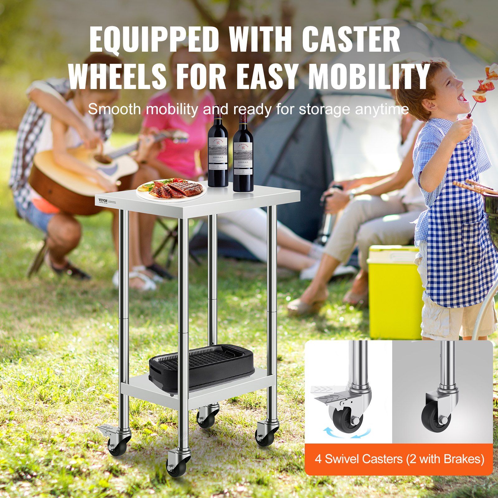 Stainless Steel Work Table 24 x 18 x 38 Inch, with 4 Wheels, 3 Adjustable Height Levels, Heavy Duty Food Prep V952-CFBXGGZTLCDJ3QDV2V0