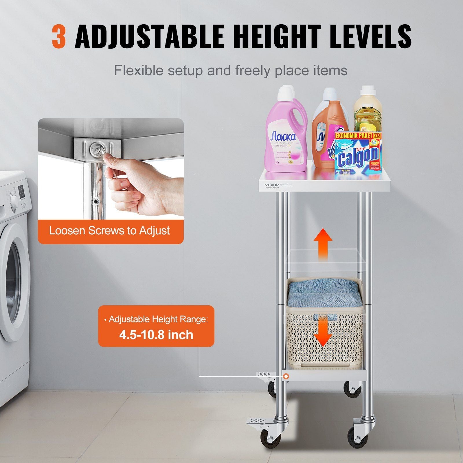 Stainless Steel Work Table 24 x 18 x 38 Inch, with 4 Wheels, 3 Adjustable Height Levels, Heavy Duty Food Prep V952-CFBXGGZTLCDJ3QDV2V0