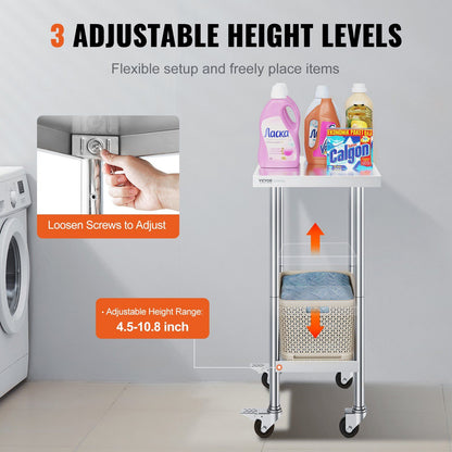 Stainless Steel Work Table 24 x 18 x 38 Inch, with 4 Wheels, 3 Adjustable Height Levels, Heavy Duty Food Prep V952-CFBXGGZTLCDJ3QDV2V0