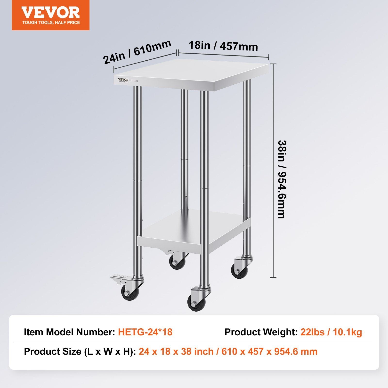 Stainless Steel Work Table 24 x 18 x 38 Inch, with 4 Wheels, 3 Adjustable Height Levels, Heavy Duty Food Prep V952-CFBXGGZTLCDJ3QDV2V0