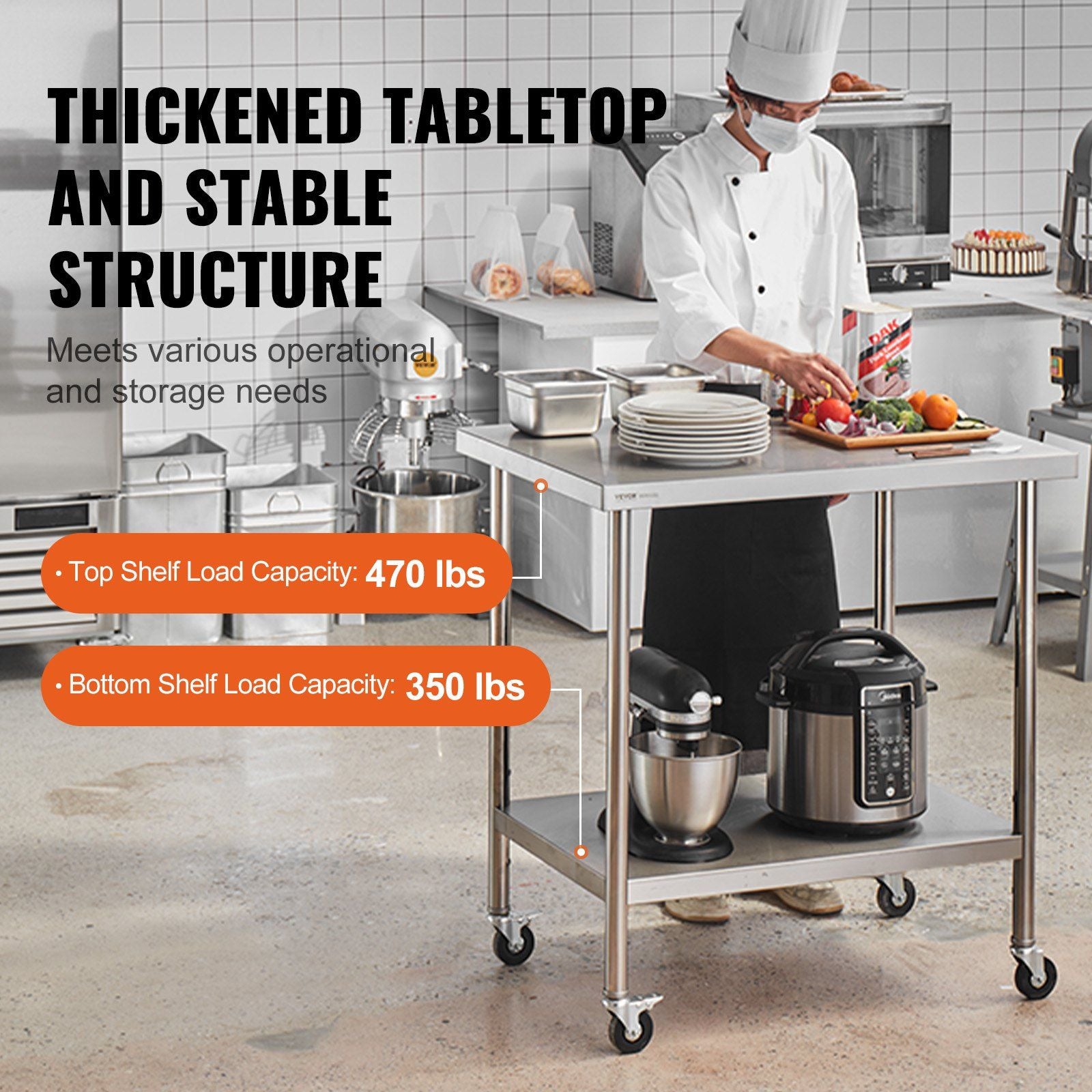 Stainless Steel Work Table 30 x 36 x 38 Inch, with 4 Wheels, 3 Adjustable Height Levels, Heavy Duty Food Prep V952-CFBXGGZTLCDJ7EQSTV0