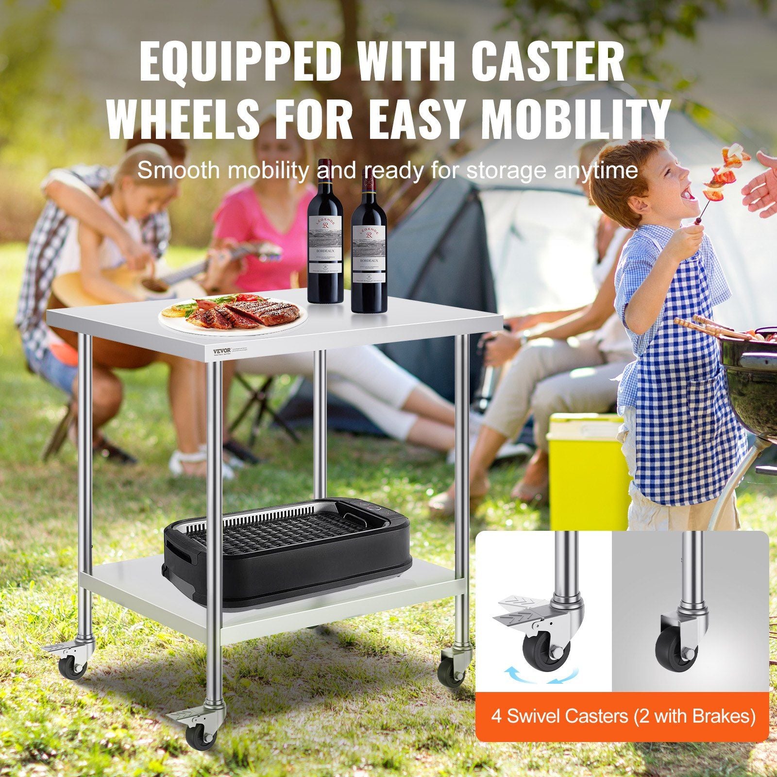 Stainless Steel Work Table 30 x 36 x 38 Inch, with 4 Wheels, 3 Adjustable Height Levels, Heavy Duty Food Prep V952-CFBXGGZTLCDJ7EQSTV0