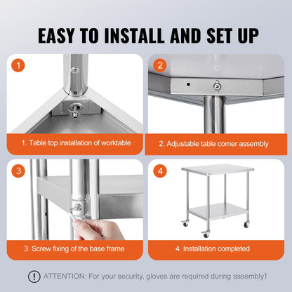 Stainless Steel Work Table 30 x 36 x 38 Inch, with 4 Wheels, 3 Adjustable Height Levels, Heavy Duty Food Prep V952-CFBXGGZTLCDJ7EQSTV0