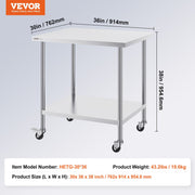 Stainless Steel Work Table 30 x 36 x 38 Inch, with 4 Wheels, 3 Adjustable Height Levels, Heavy Duty Food Prep V952-CFBXGGZTLCDJ7EQSTV0