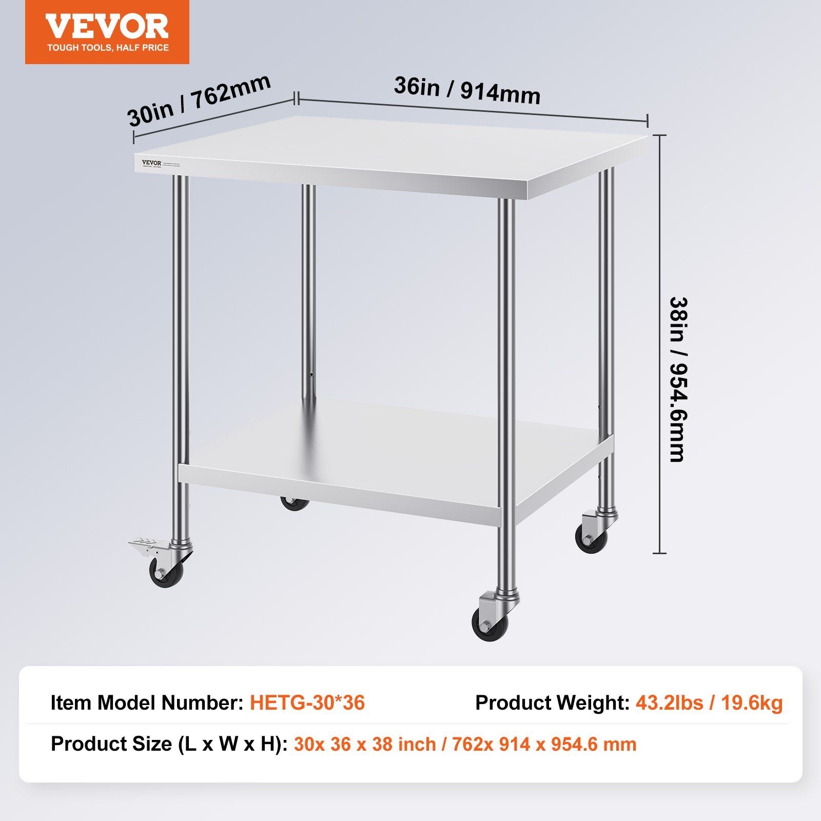 Stainless Steel Work Table 30 x 36 x 38 Inch, with 4 Wheels, 3 Adjustable Height Levels, Heavy Duty Food Prep V952-CFBXGGZTLCDJ7EQSTV0