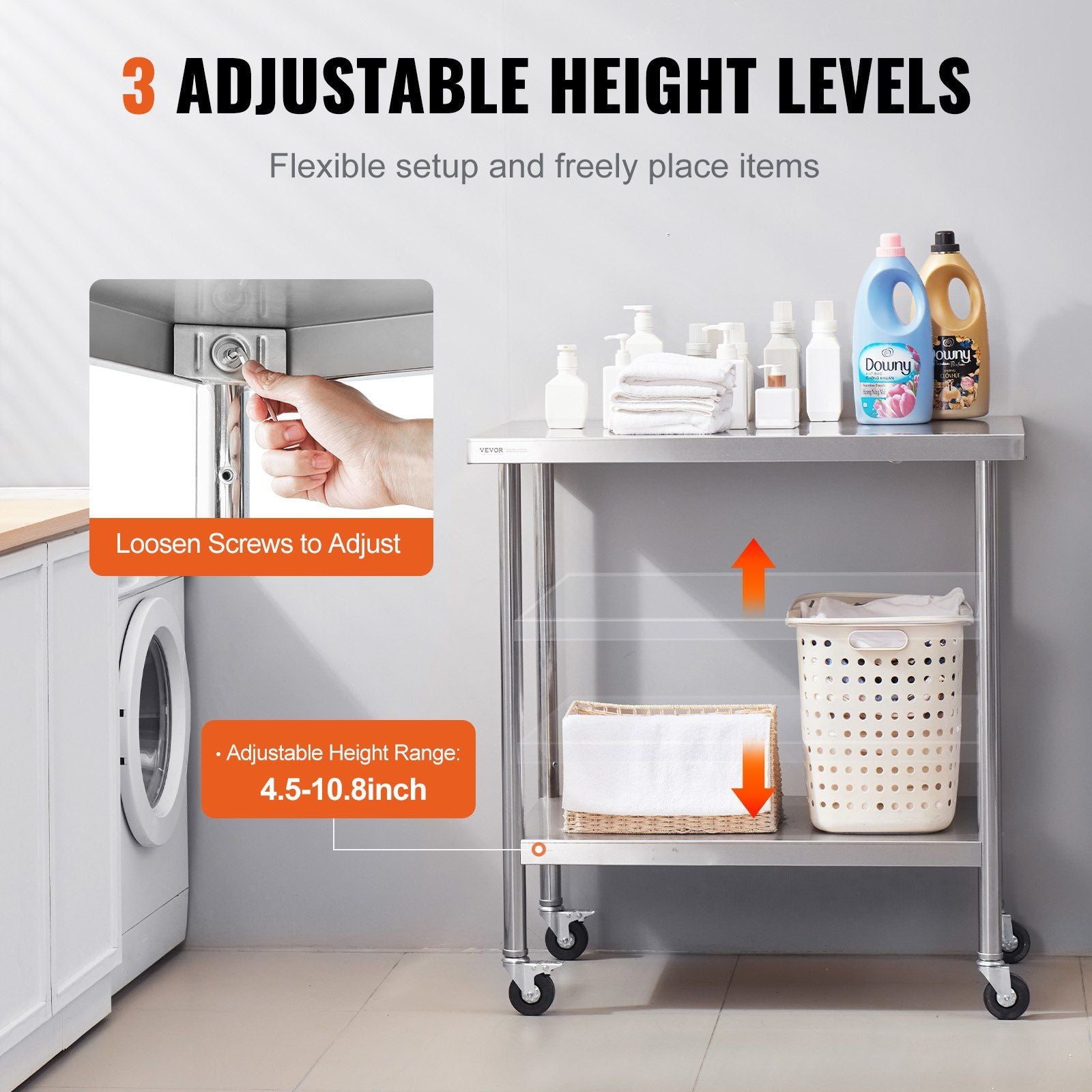 Stainless Steel Work Table 30 x 18 x 38 Inch, with 4 Wheels, 3 Adjustable Height Levels, Heavy Duty Food Prep V952-CFBXGGZTLCDJB9CR8V0