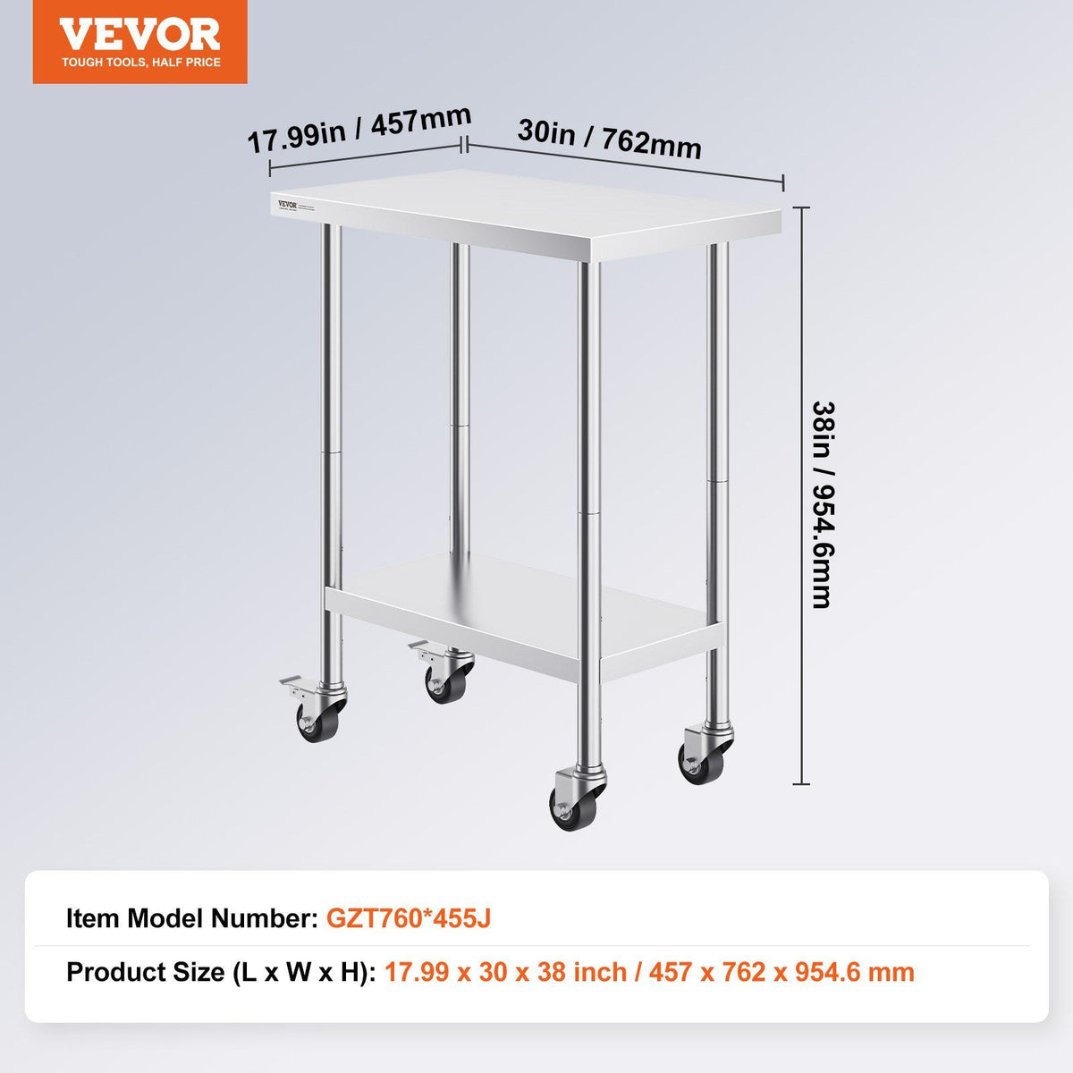 Stainless Steel Work Table 30 x 18 x 38 Inch, with 4 Wheels, 3 Adjustable Height Levels, Heavy Duty Food Prep V952-CFBXGGZTLCDJB9CR8V0