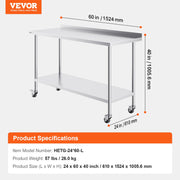24 x 60 x 40 Inch Stainless Steel Work Table, Commercial Food Prep Worktable with Casters, Heavy Duty Prep V952-CFBXGGZTLCDJBPWUXV0