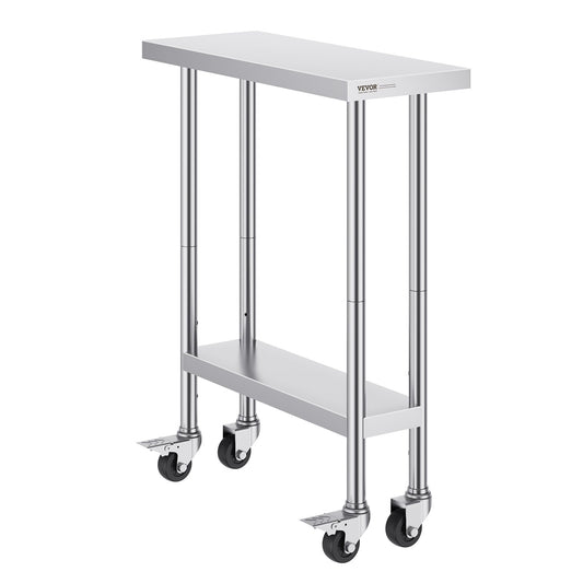 Stainless Steel Work Table 30 x 12 x 38 Inch, with 4 Wheels, 3 Adjustable Height Levels, Heavy Duty Food Prep V952-CFBXGGZTLCDJEZMQSV0