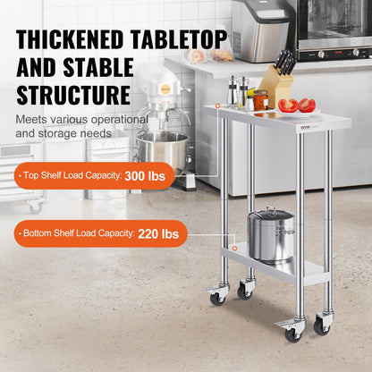 Stainless Steel Work Table 30 x 12 x 38 Inch, with 4 Wheels, 3 Adjustable Height Levels, Heavy Duty Food Prep V952-CFBXGGZTLCDJEZMQSV0