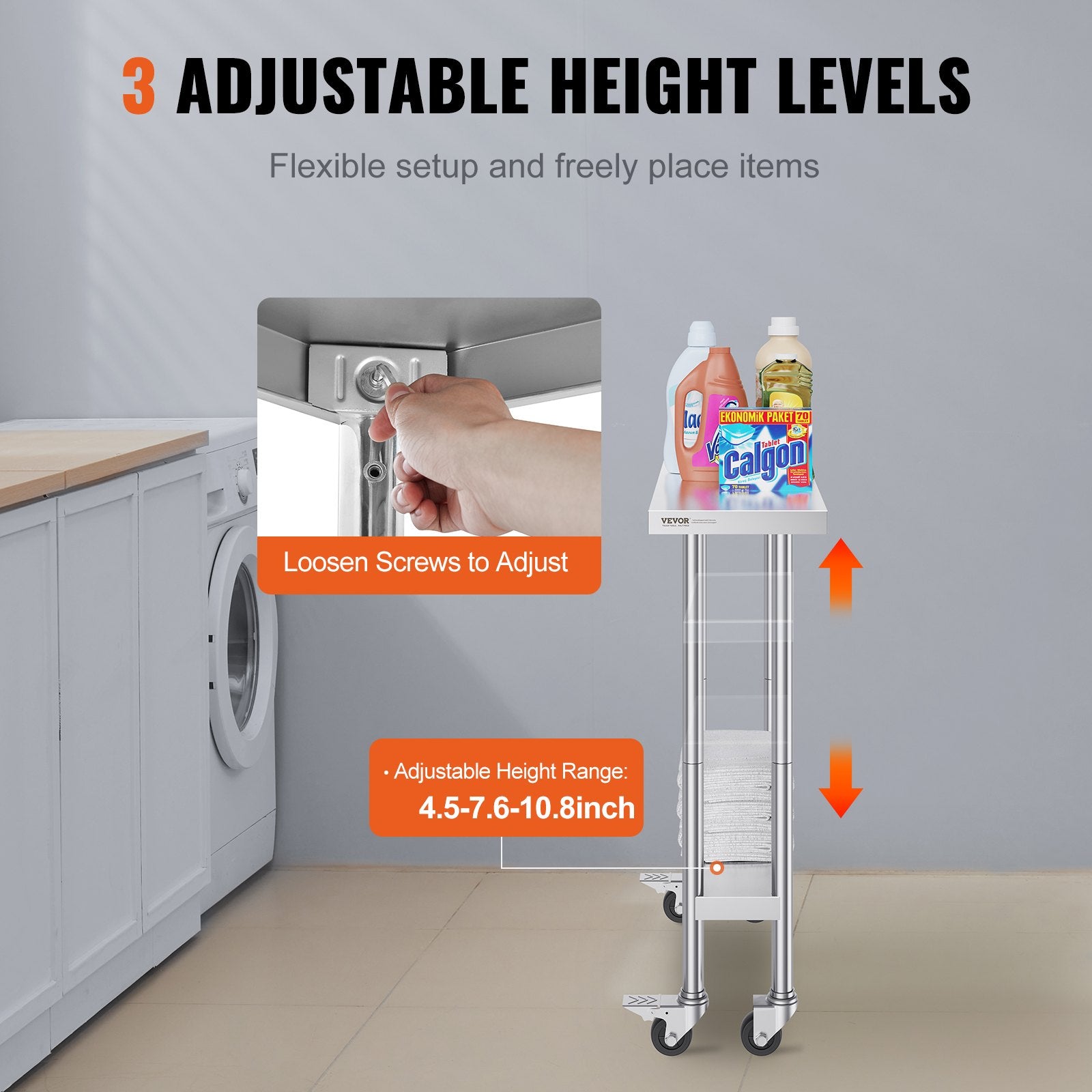 Stainless Steel Work Table 30 x 12 x 38 Inch, with 4 Wheels, 3 Adjustable Height Levels, Heavy Duty Food Prep V952-CFBXGGZTLCDJEZMQSV0