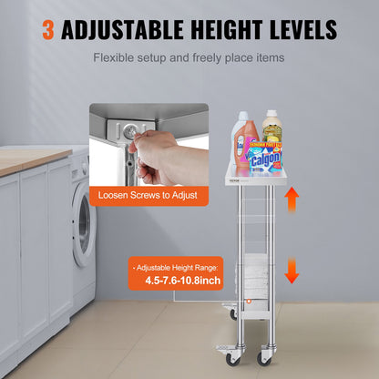 Stainless Steel Work Table 30 x 12 x 38 Inch, with 4 Wheels, 3 Adjustable Height Levels, Heavy Duty Food Prep V952-CFBXGGZTLCDJEZMQSV0