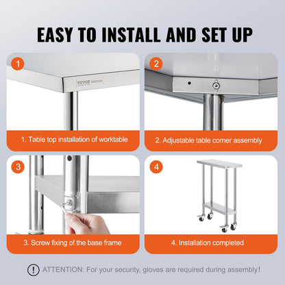 Stainless Steel Work Table 30 x 12 x 38 Inch, with 4 Wheels, 3 Adjustable Height Levels, Heavy Duty Food Prep V952-CFBXGGZTLCDJEZMQSV0