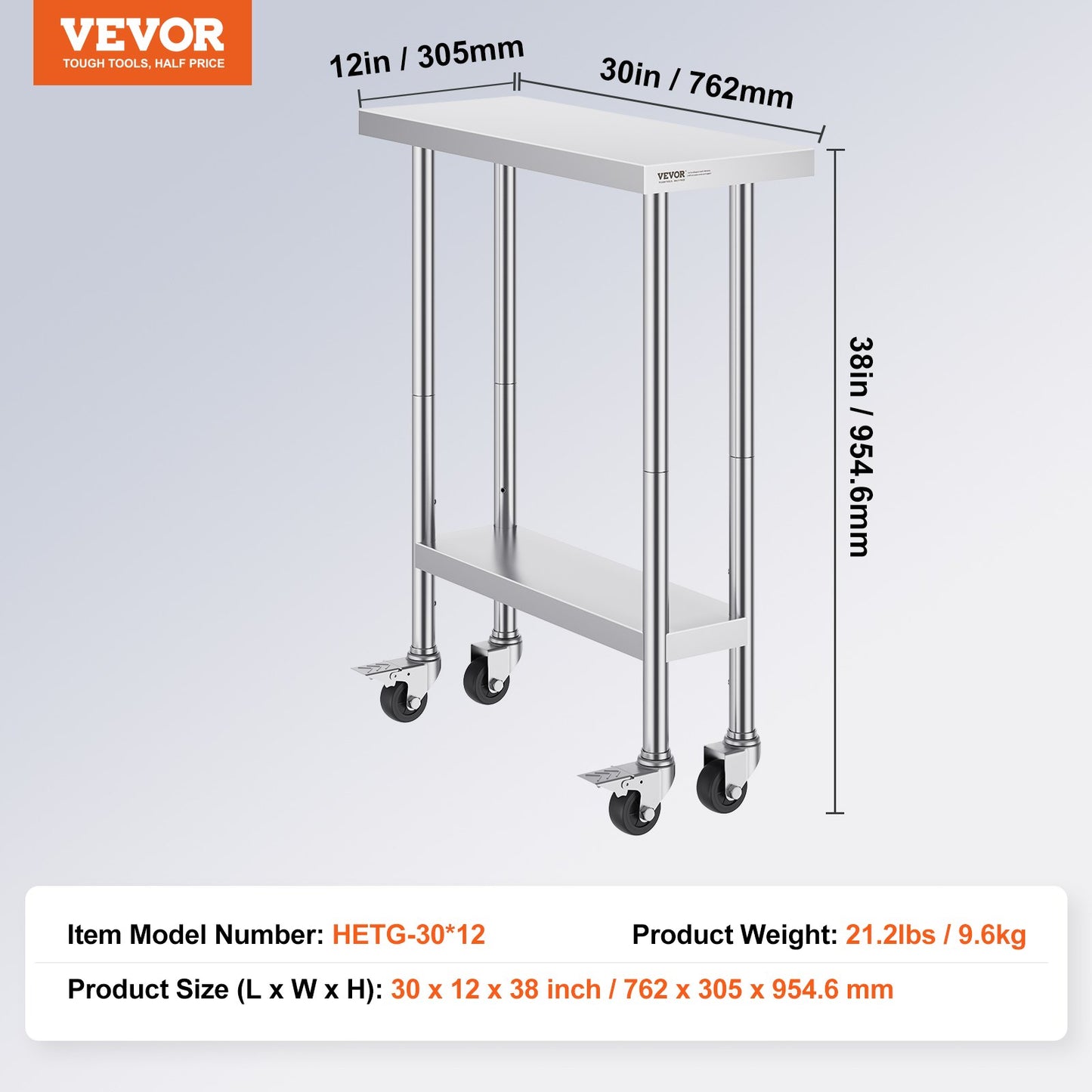 Stainless Steel Work Table 30 x 12 x 38 Inch, with 4 Wheels, 3 Adjustable Height Levels, Heavy Duty Food Prep V952-CFBXGGZTLCDJEZMQSV0