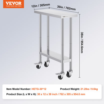 Stainless Steel Work Table 30 x 12 x 38 Inch, with 4 Wheels, 3 Adjustable Height Levels, Heavy Duty Food Prep V952-CFBXGGZTLCDJEZMQSV0