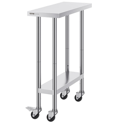Stainless Steel Work Table 30 x 12 x 38 Inch, with 4 Wheels, 3 Adjustable Height Levels, Heavy Duty Food Prep V952-CFBXGGZTLCDJEZMQSV0