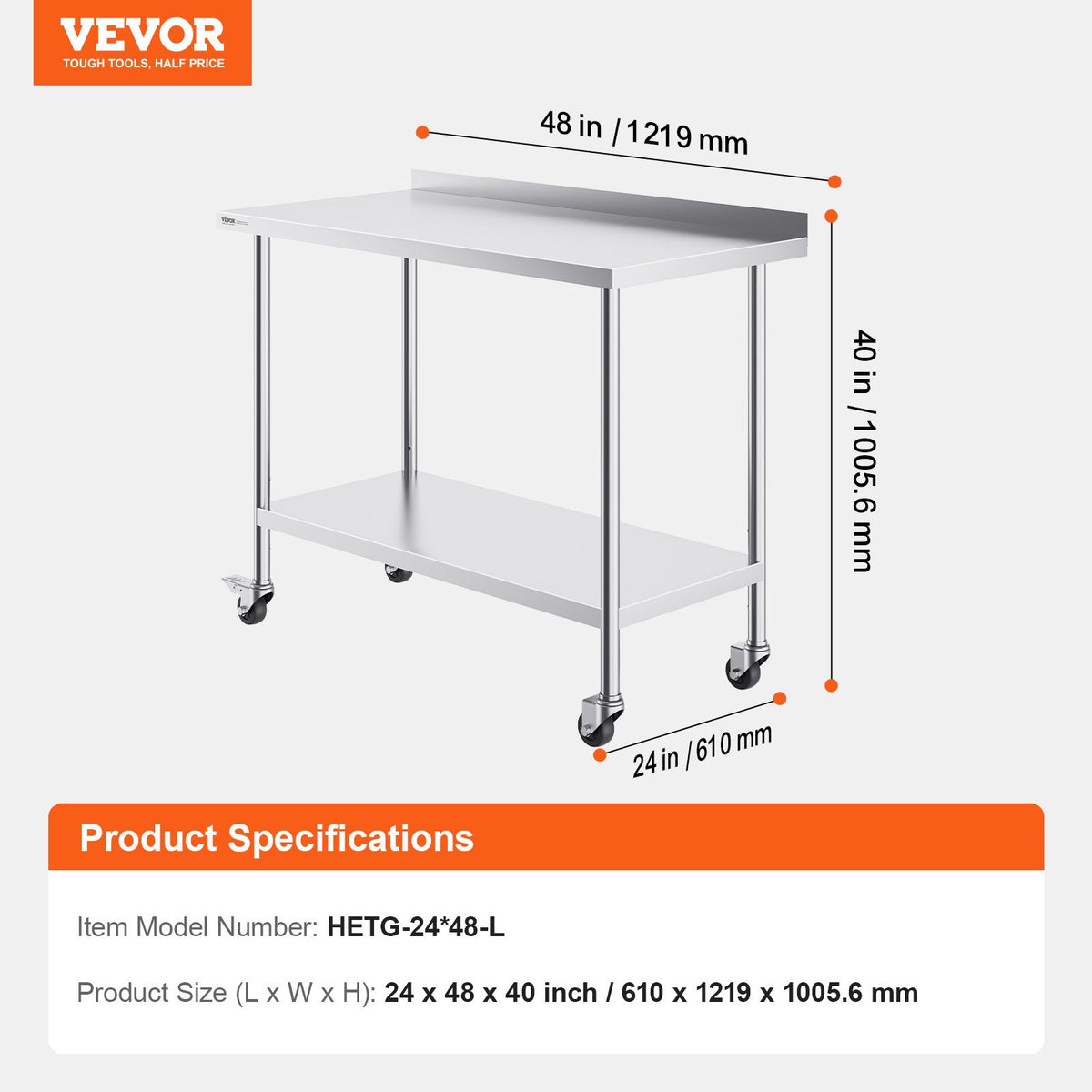 24 x 48 x 40 Inch Stainless Steel Work Table, Commercial Food Prep Worktable with Casters, Heavy Duty Prep V952-CFBXGGZTLCDJOVC8PV0