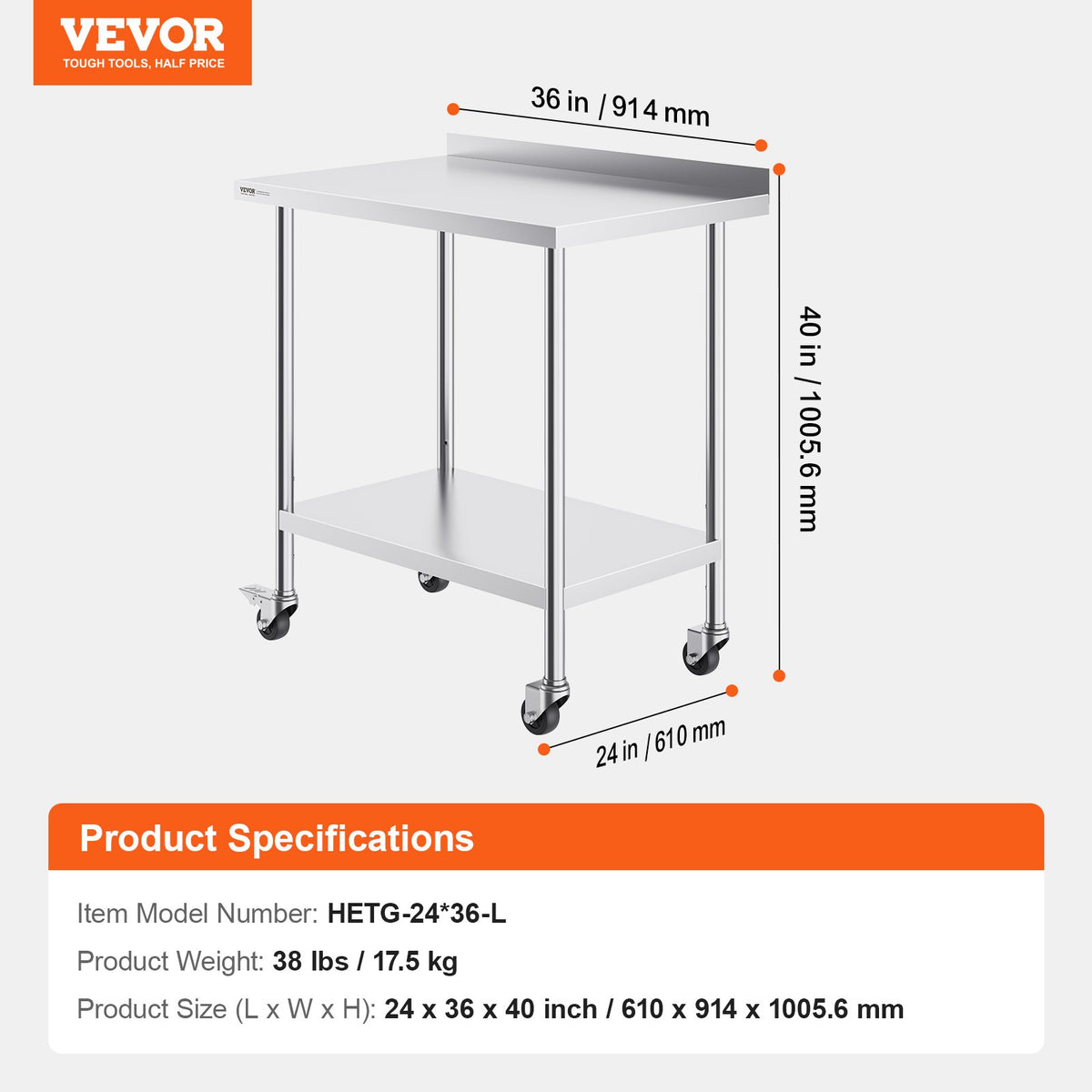 24 x 36 x 40 Inch Stainless Steel Work Table, Commercial Food Prep Worktable with Casters, Heavy Duty Prep V952-CFBXGGZTLCDJUI1NFV0