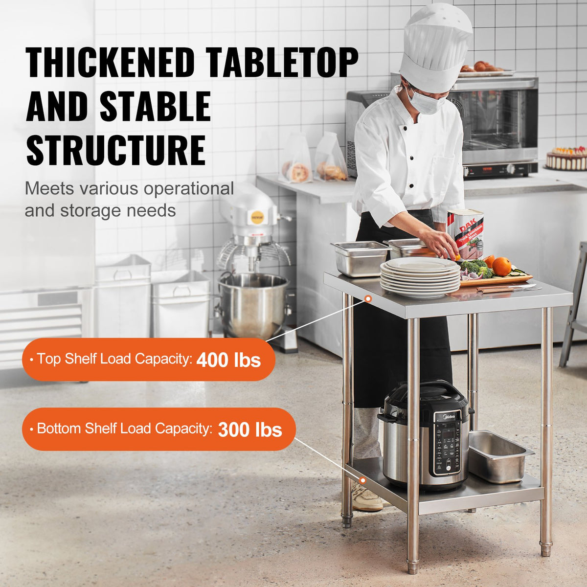 Stainless Steel Prep Table, 24 x 24 x 34 Inch, Heavy Duty Metal Worktable with 3 Adjustable Height Levels, V952-CFBXGGZTLCWJ45FJ5V0