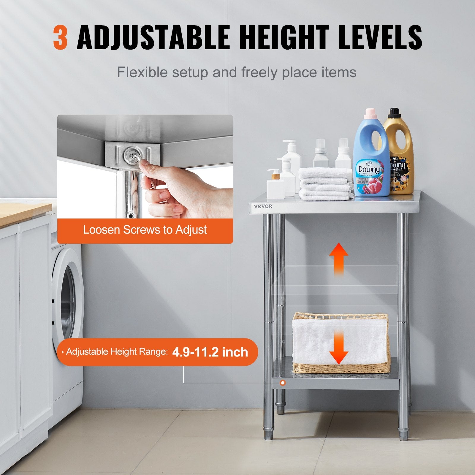 Stainless Steel Prep Table, 24 x 24 x 34 Inch, Heavy Duty Metal Worktable with 3 Adjustable Height Levels, V952-CFBXGGZTLCWJ45FJ5V0