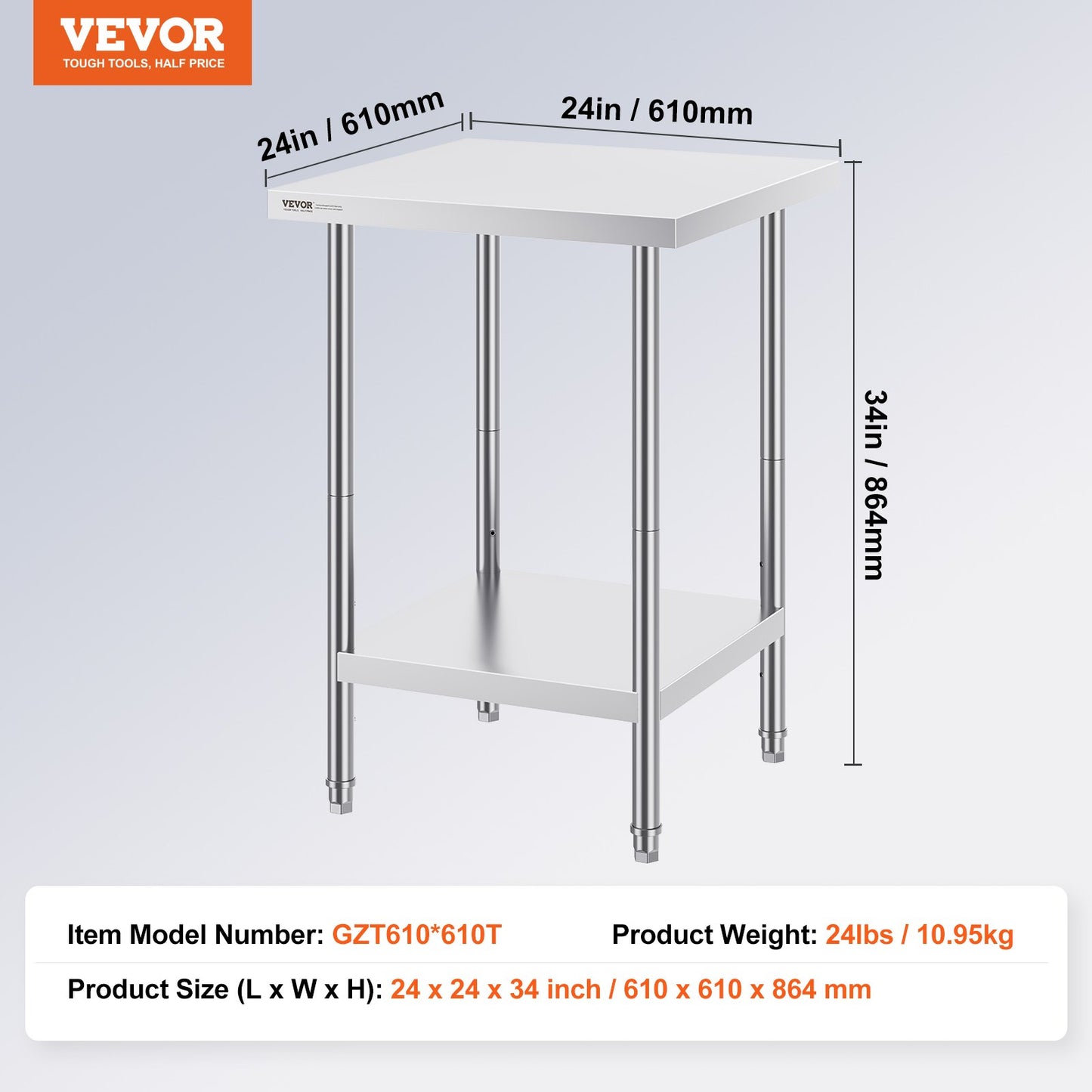 Stainless Steel Prep Table, 24 x 24 x 34 Inch, Heavy Duty Metal Worktable with 3 Adjustable Height Levels, V952-CFBXGGZTLCWJ45FJ5V0