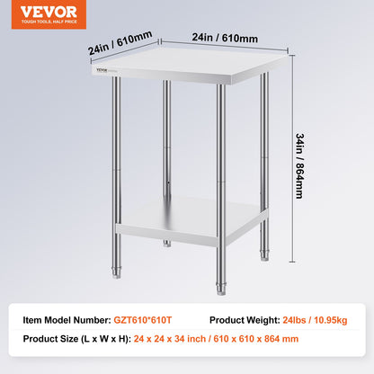 Stainless Steel Prep Table, 24 x 24 x 34 Inch, Heavy Duty Metal Worktable with 3 Adjustable Height Levels, V952-CFBXGGZTLCWJ45FJ5V0