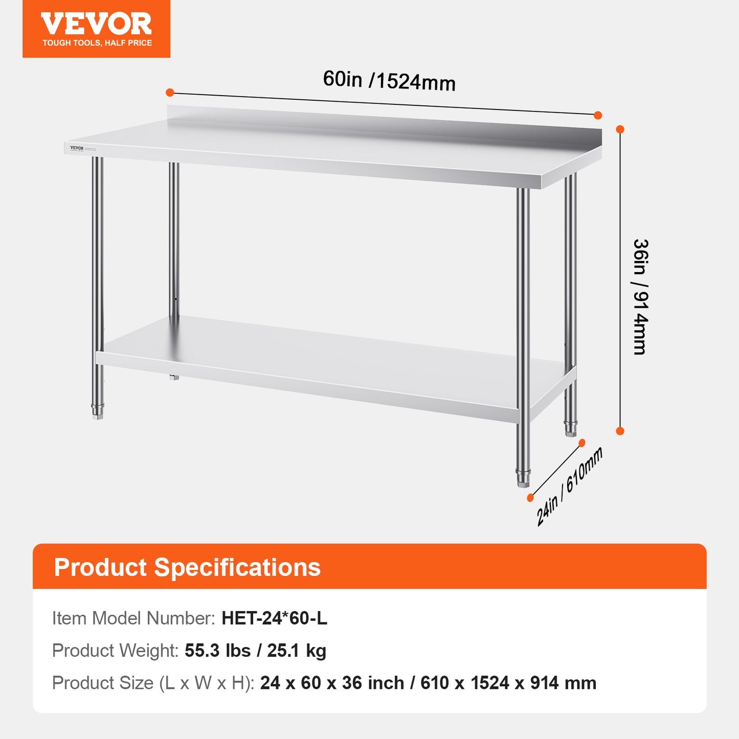 24 x 60 x 36 Inch Stainless Steel Work Table, Commercial Food Prep Worktable Heavy Duty Prep Worktable, Metal V952-CFBXGGZTLCWJ81648V0