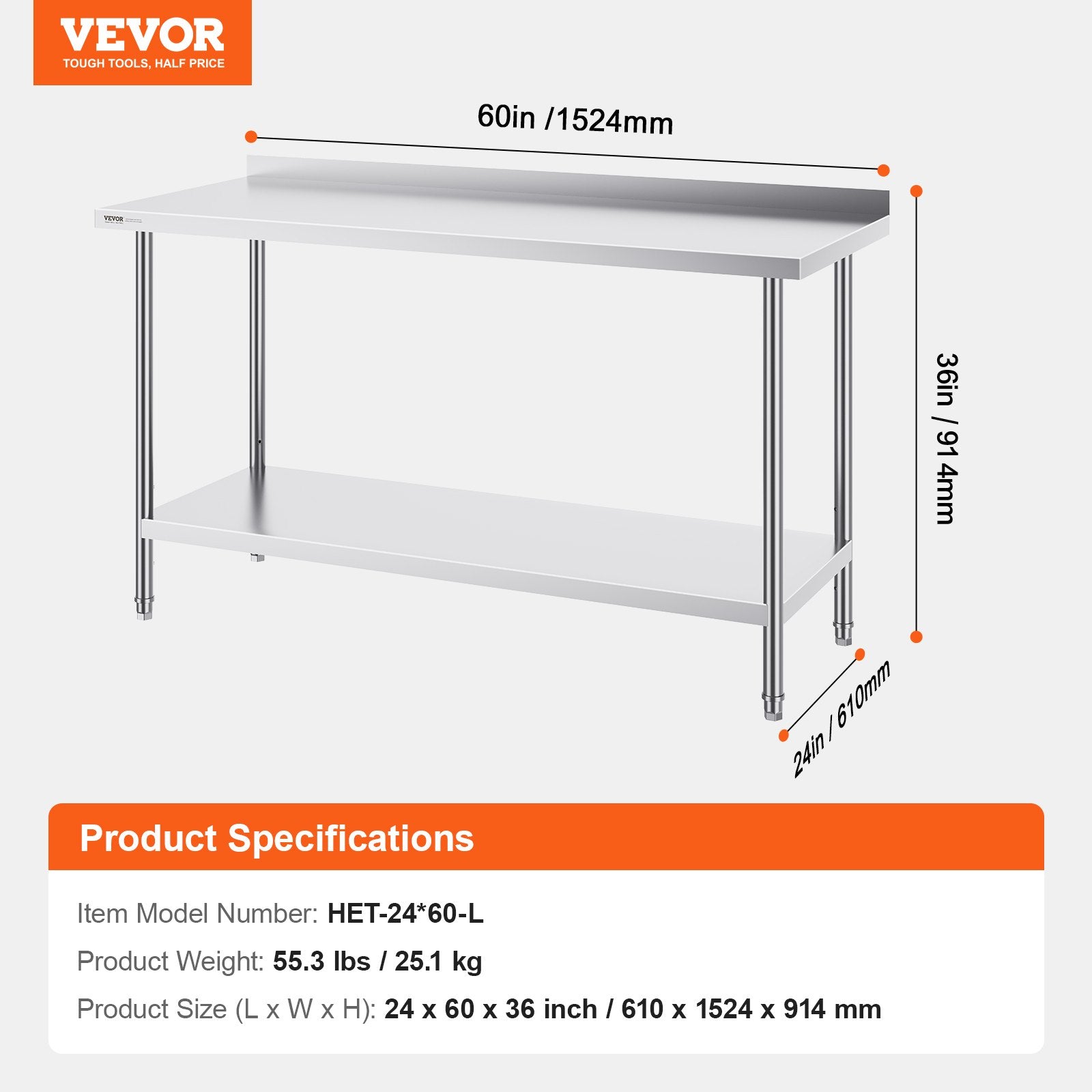 24 x 60 x 36 Inch Stainless Steel Work Table, Commercial Food Prep Worktable Heavy Duty Prep Worktable, Metal V952-CFBXGGZTLCWJ81648V0