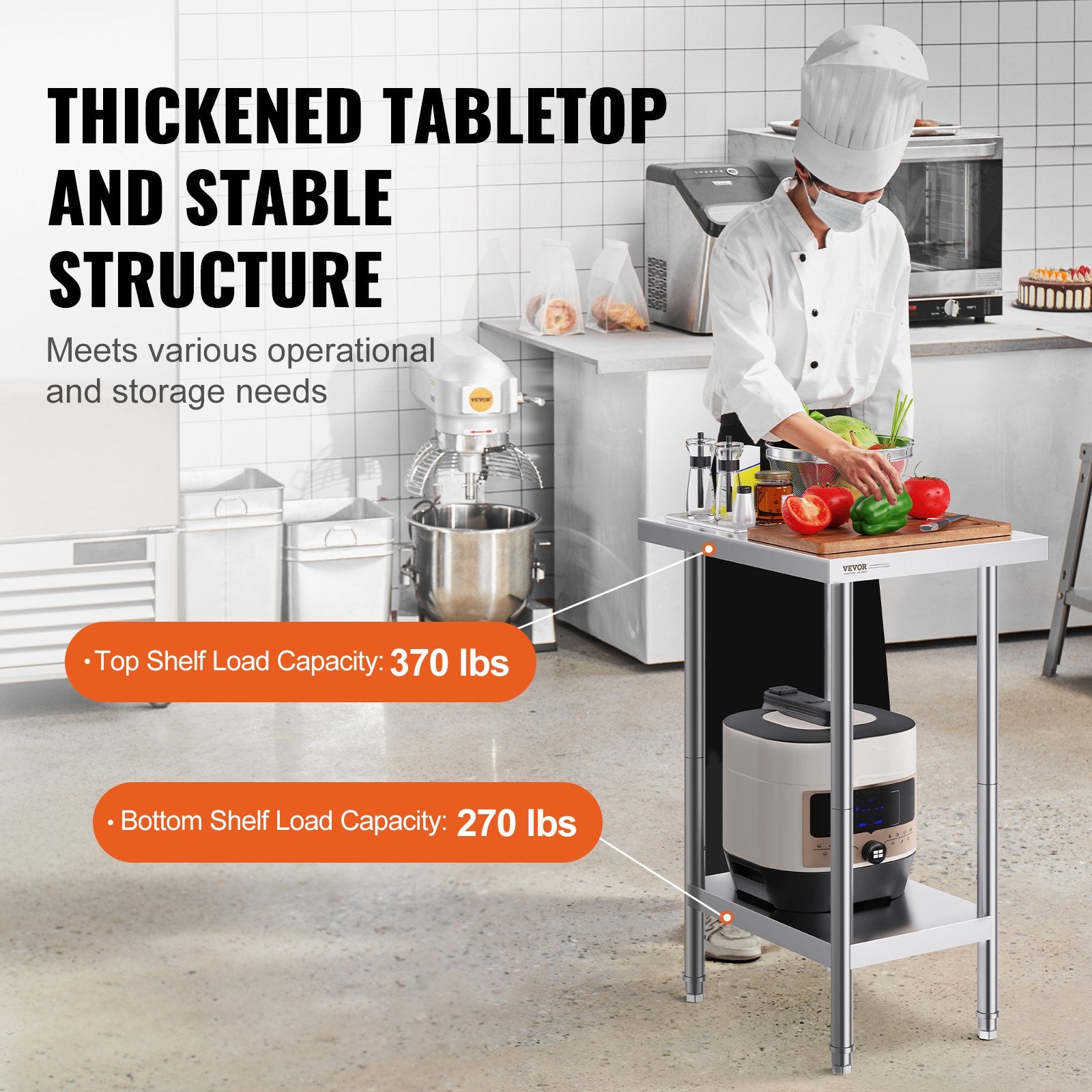 Stainless Steel Prep Table, 24 x 18 x 34 Inch, Heavy Duty Metal Worktable with 3 Adjustable Height Levels, V952-CFBXGGZTLCWJ8T6BLV0