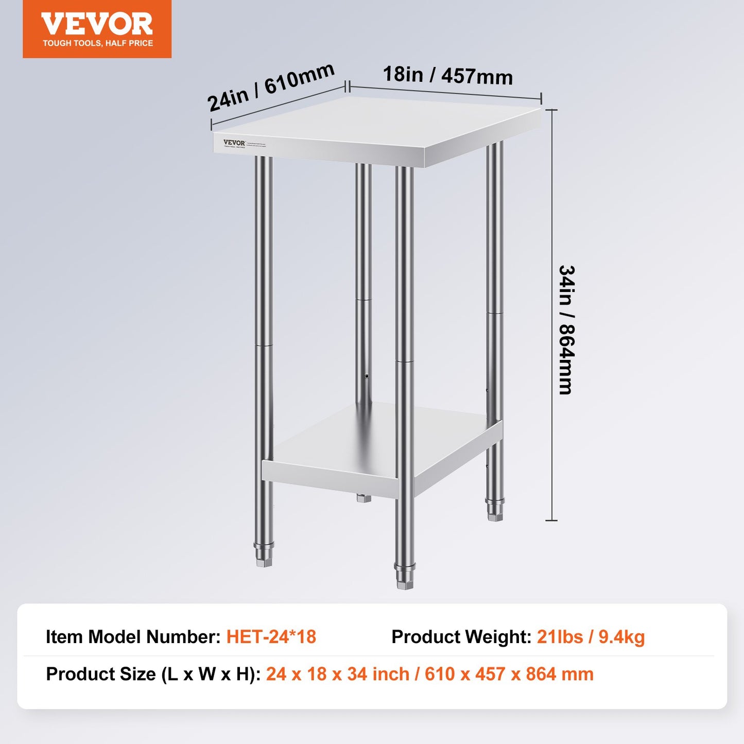 Stainless Steel Prep Table, 24 x 18 x 34 Inch, Heavy Duty Metal Worktable with 3 Adjustable Height Levels, V952-CFBXGGZTLCWJ8T6BLV0