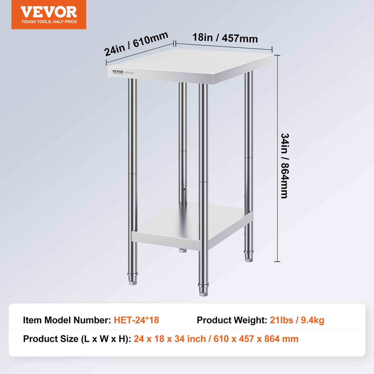 Stainless Steel Prep Table, 24 x 18 x 34 Inch, Heavy Duty Metal Worktable with 3 Adjustable Height Levels, V952-CFBXGGZTLCWJ8T6BLV0