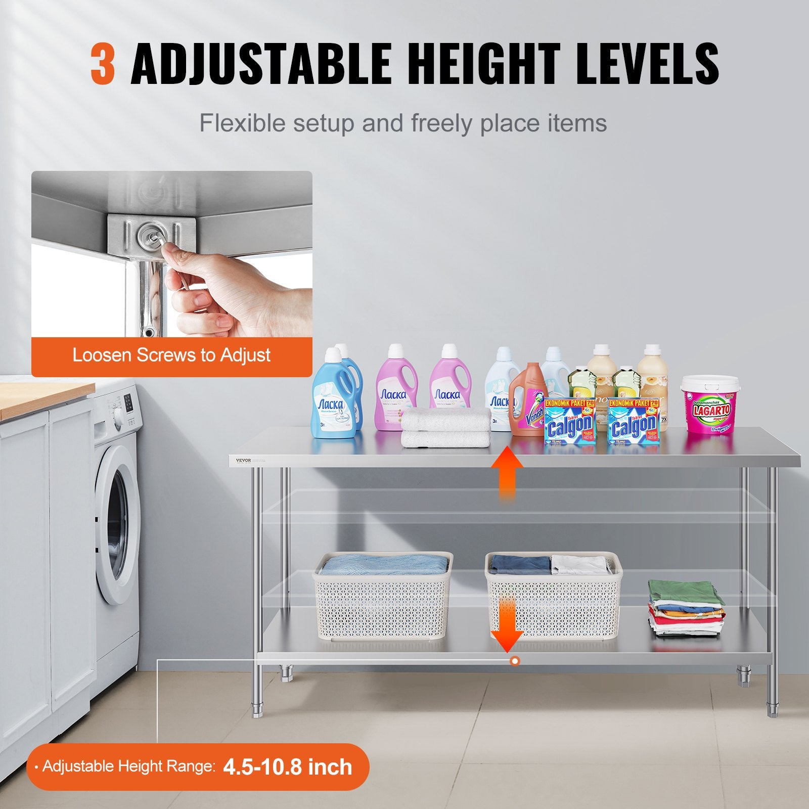 Stainless Steel Prep Table, 24 x 72 x 34 Inch, Heavy Duty Metal Worktable with 3 Adjustable Height Levels, V952-CFBXGGZTLCWJFVL3YV0