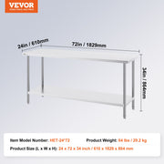 Stainless Steel Prep Table, 24 x 72 x 34 Inch, Heavy Duty Metal Worktable with 3 Adjustable Height Levels, V952-CFBXGGZTLCWJFVL3YV0