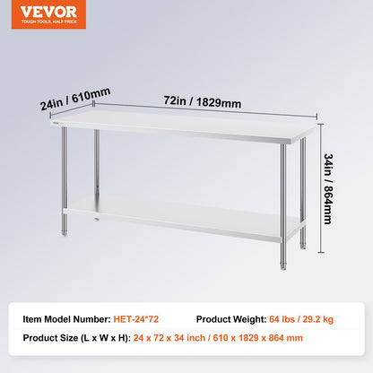 Stainless Steel Prep Table, 24 x 72 x 34 Inch, Heavy Duty Metal Worktable with 3 Adjustable Height Levels, V952-CFBXGGZTLCWJFVL3YV0