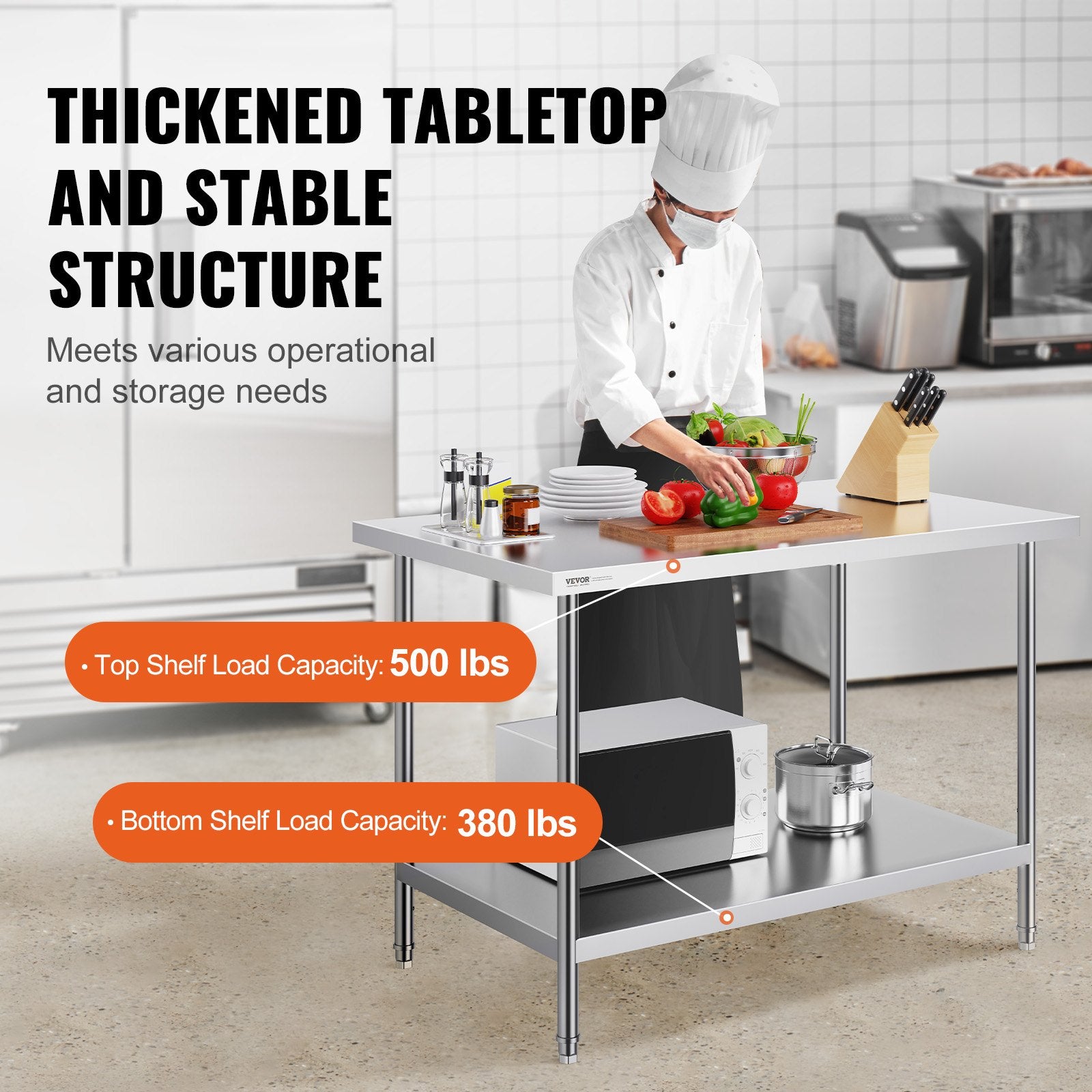 Stainless Steel Prep Table, 30 x 48 x 34 Inch, Heavy Duty Metal Worktable with 3 Adjustable Height Levels, V952-CFBXGGZTLCWJMJYVIV0