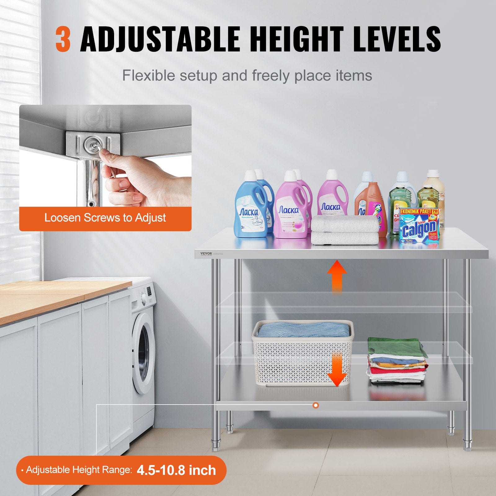 Stainless Steel Prep Table, 30 x 48 x 34 Inch, Heavy Duty Metal Worktable with 3 Adjustable Height Levels, V952-CFBXGGZTLCWJMJYVIV0