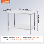 Stainless Steel Prep Table, 30 x 48 x 34 Inch, Heavy Duty Metal Worktable with 3 Adjustable Height Levels, V952-CFBXGGZTLCWJMJYVIV0