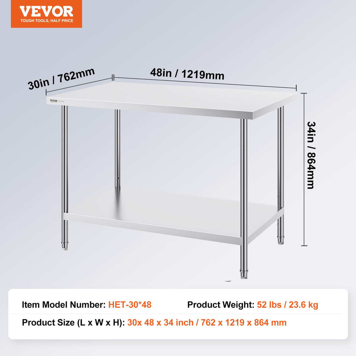 Stainless Steel Prep Table, 30 x 48 x 34 Inch, Heavy Duty Metal Worktable with 3 Adjustable Height Levels, V952-CFBXGGZTLCWJMJYVIV0