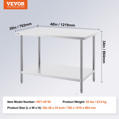 Stainless Steel Prep Table, 30 x 48 x 34 Inch, Heavy Duty Metal Worktable with 3 Adjustable Height Levels, V952-CFBXGGZTLCWJMJYVIV0