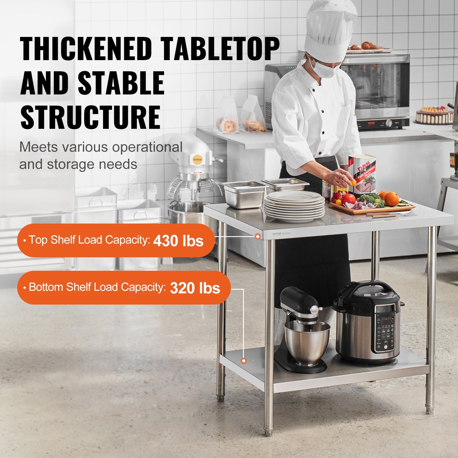 Stainless Steel Prep Table, 24 x 36 x 34 Inch, Heavy Duty Metal Worktable with 3 Adjustable Height Levels, V952-CFBXGGZTLCWJOPMIYV0